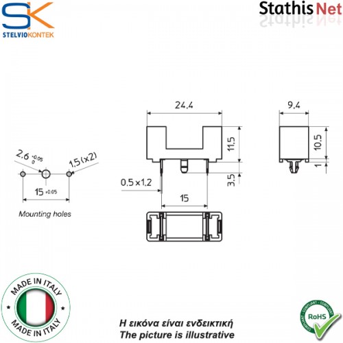 Ασφαλειοθήκη τυπωμένου PCB 5x20mm 10A PTF/75 πράσινη Stelvio Kontek