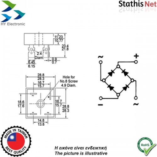 Γέφυρα ανόρθωσης 15A 100V τετράγωνη μεταλλική ΚΒPC1501 HY Electronic