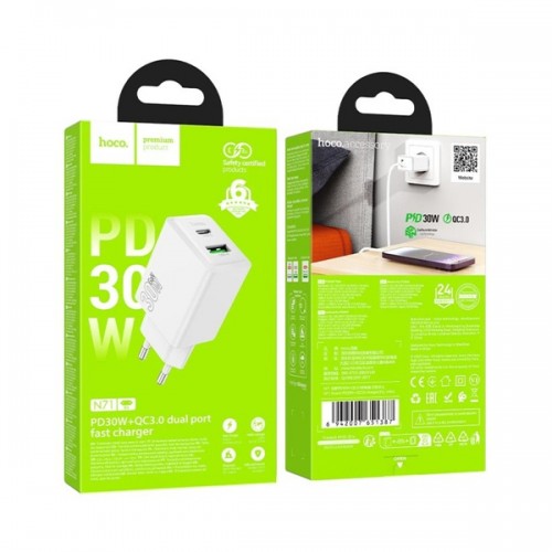 Τροφοδοτικό 230V in -> 1 x USB A + 1 x USB C Out 5V 3A PD30W + QC3.0 λευκό N71 Hoco