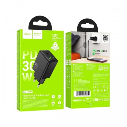Τροφοδοτικό 230V in -> 1 x USB A + 1 x USB C Out 5V 3A PD30W + QC3.0 μαύρο N71 Hoco