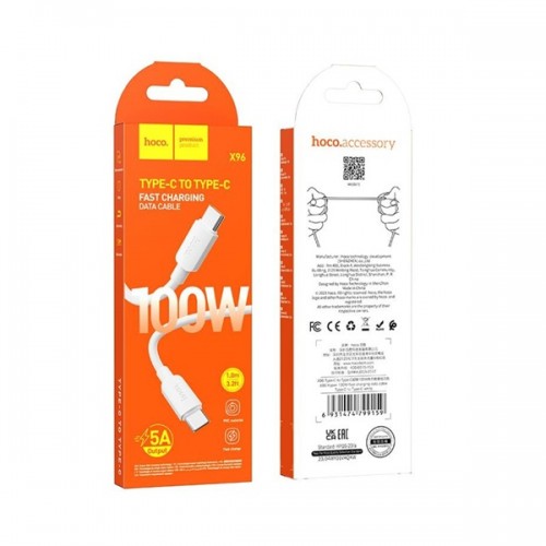 Καλώδιο φόρτισης & συγχρονισμού 100W USB Type-C  -> Type-C 1m full speed λευκό X96 Hoco