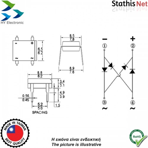 Γέφυρα ανόρθωσης τυπωμένου 1A 1000V DB107 HY Electronic