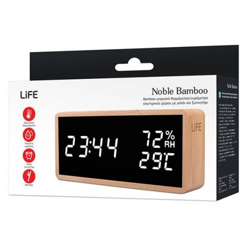 Ψηφιακό θερμόμετρο-υγρόμετρο με ρολόι, ξυπνητήρι και ημερολόγιο bamboo Noble LIFE