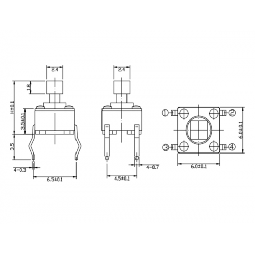 Tact switch 6x6x7.30mm 4pin 180gf με τετράγωνο άξονα TVDP01-G73BB ZHEJIANG JIANFU