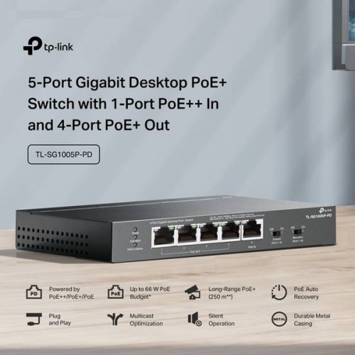 Switch 5-Port Gigabit Desktop with 1-port PoE++ in 4-Port PoE+ out 66W TL-SG1005P-PD TP-LINK