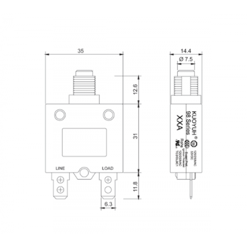 Ασφαλειοδιακόπτης θερμικός υπερέντασης 8A 250VAC / 50VDC 98-08-A1B14-B0B-B KUOYUH