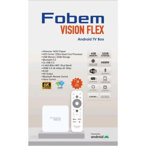 Android TV Box 6K UHD 4GB RAM 32GB ROM Wi-Fi Bluetooth Vision Flex Fobem