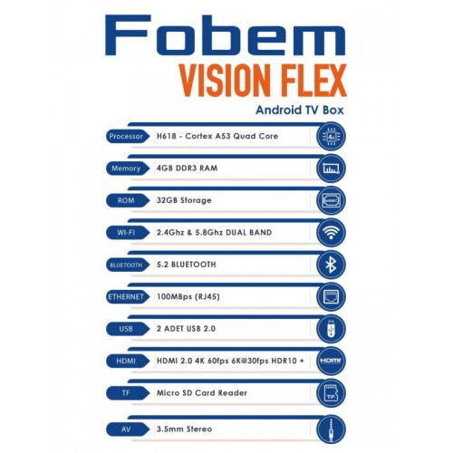 Android TV Box 6K UHD 4GB RAM 32GB ROM Wi-Fi Bluetooth Vision Flex Fobem