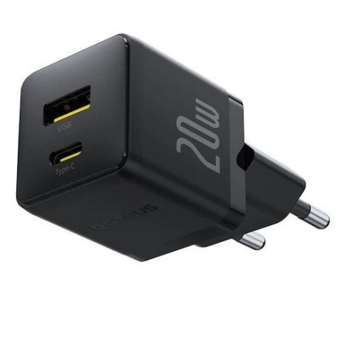Τροφοδοτικό 230V in -> 1 x USB A + 1 x USB C Out 5V 3A PD20W + QC3.0 μαύρο P10111608113 Baseus
