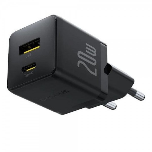 Τροφοδοτικό 230V in -> 1 x USB A + 1 x USB C Out 5V 3A PD20W + QC3.0 μαύρο P10111608113 Baseus Τροφοδοτικό 230V in -> 1 x USB A + 1 x USB C Out 5V 3A PD20W + QC3.0 μαύρο P10111608113 Baseus
