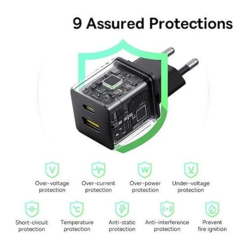 Τροφοδοτικό 230V in -> 1 x USB A + 1 x USB C Out 5V 3A PD20W + QC3.0 μαύρο P10111608113 Baseus Τροφοδοτικό 230V in -> 1 x USB A + 1 x USB C Out 5V 3A PD20W + QC3.0 μαύρο P10111608113 Baseus