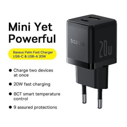 Τροφοδοτικό 230V in -> 1 x USB A + 1 x USB C Out 5V 3A PD20W + QC3.0 μαύρο P10111608113 Baseus Τροφοδοτικό 230V in -> 1 x USB A + 1 x USB C Out 5V 3A PD20W + QC3.0 μαύρο P10111608113 Baseus