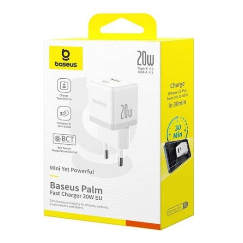 Τροφοδοτικό 230V in -> 1 x USB A + 1 x USB C Out 5V 3A PD20W + QC3.0 λευκό P10111608213 Baseus