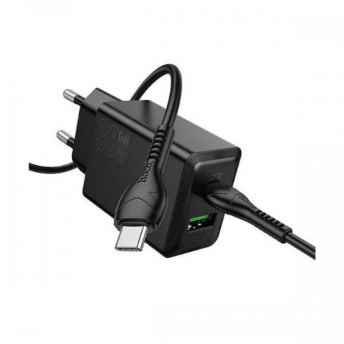 Τροφοδοτικό 230V in -> 1 x USB C + 1 x USB A out 30W QC3.0 PD μαύρο με καλώδιο Type-C -> Type-C N71 Nuevo Hoco