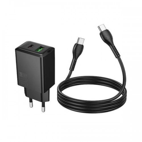 Τροφοδοτικό 230V in -> 1 x USB C + 1 x USB A out 30W QC3.0 PD μαύρο με καλώδιο Type-C -> Type-C N71 Nuevo Hoco